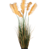 Een Kunst Pampasgras van 200 cm, een brandvertragende plant met lange, groene bladeren en hoge, vederachtige, lichtgouden pluimen, afgebeeld tegen een effen witte achtergrond.