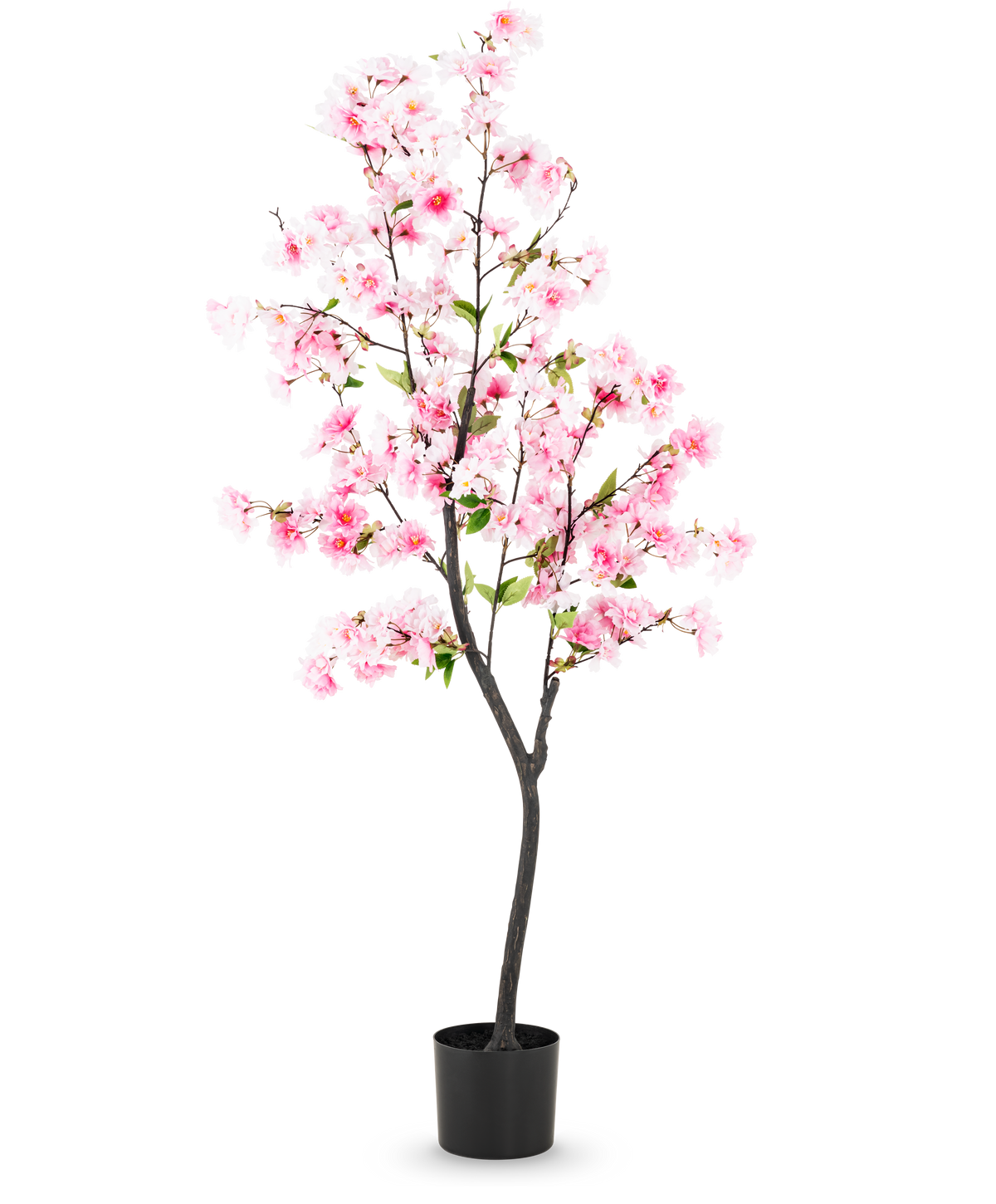 De Kunst Kersenbloesem 150 cm roze heeft roze zijden bloemen en groene bladeren in een zwarte pot, tegen een effen witte achtergrond.