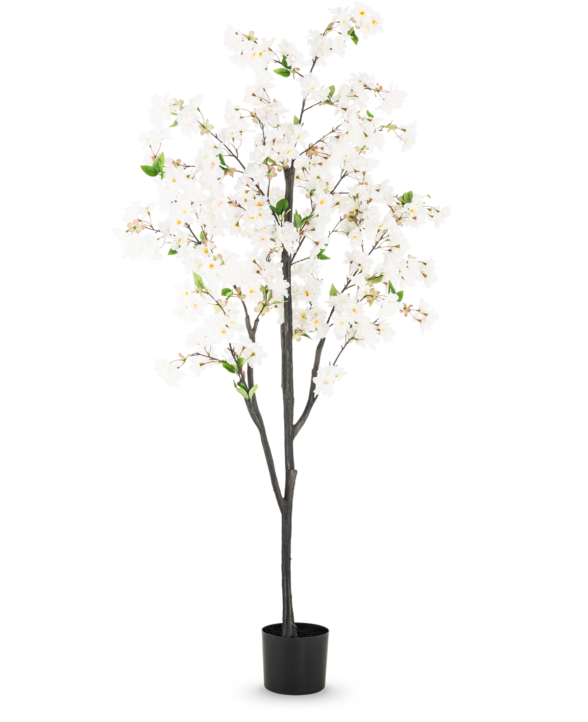 De Kunst Kersenbloesem 180 cm wit is een hoge kunstboom met meerdere donkerbruine takken, witte bloesems en groene bladeren in een eenvoudige zwarte pot, tegen een effen witte achtergrond.