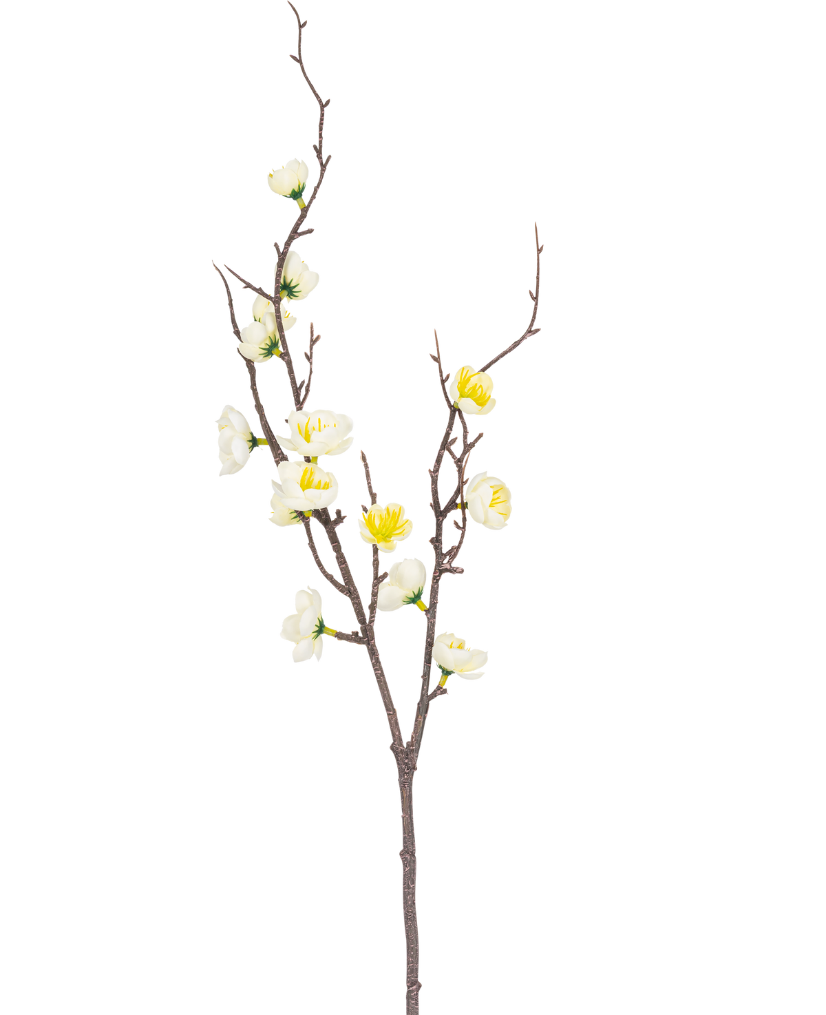 De Kunsttak Prunus 78 cm wit heeft een enkele bruine tak met meerdere uitlopers, versierd met kleine witte en gele bloemen, tegen een effen witte achtergrond.