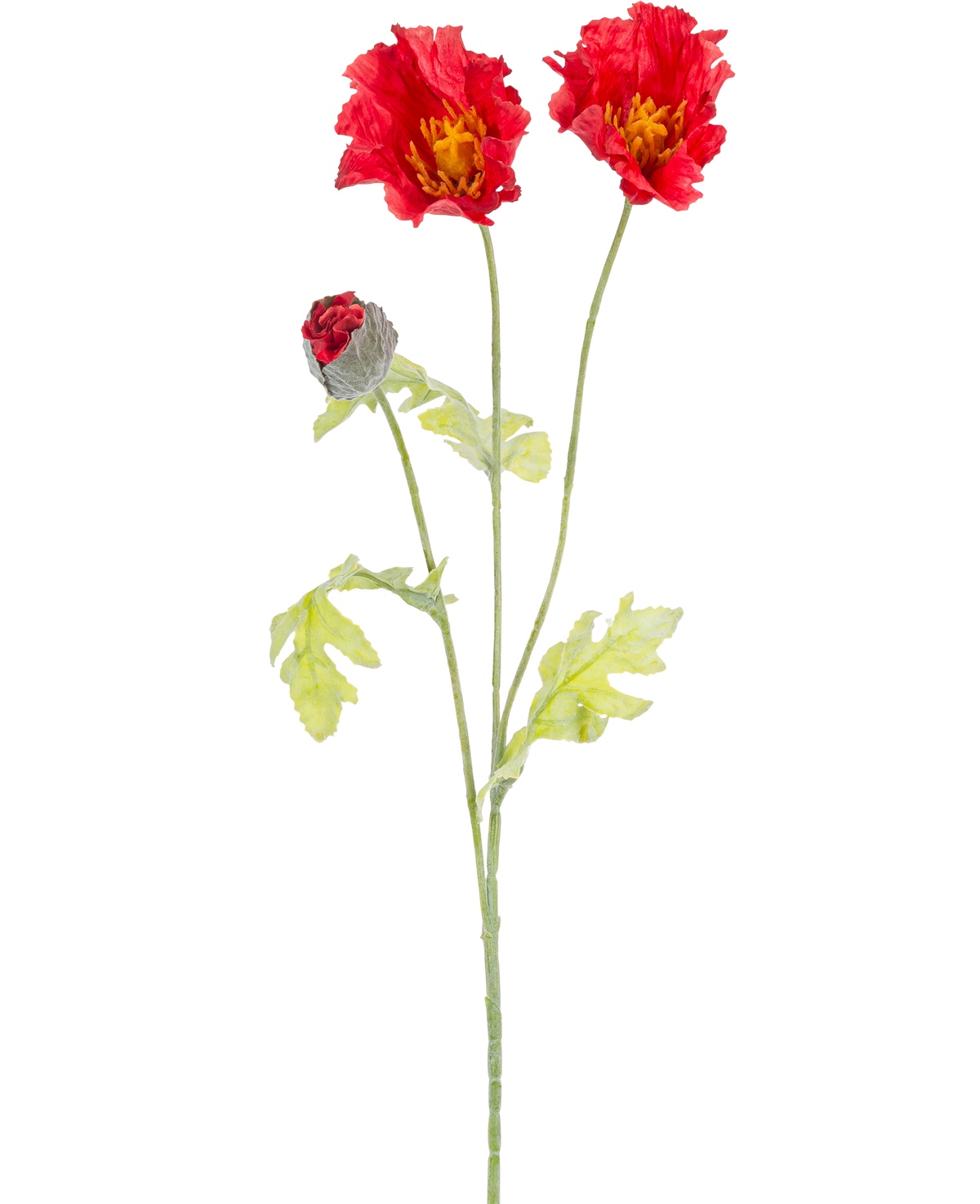 De Kunstbloem Klaproos 73 cm rood heeft een enkele groene stengel met twee open rode klaproosbloemen, een gedeeltelijk gesloten rode knop en lichtgroene bladeren, allemaal tegen een effen witte achtergrond.