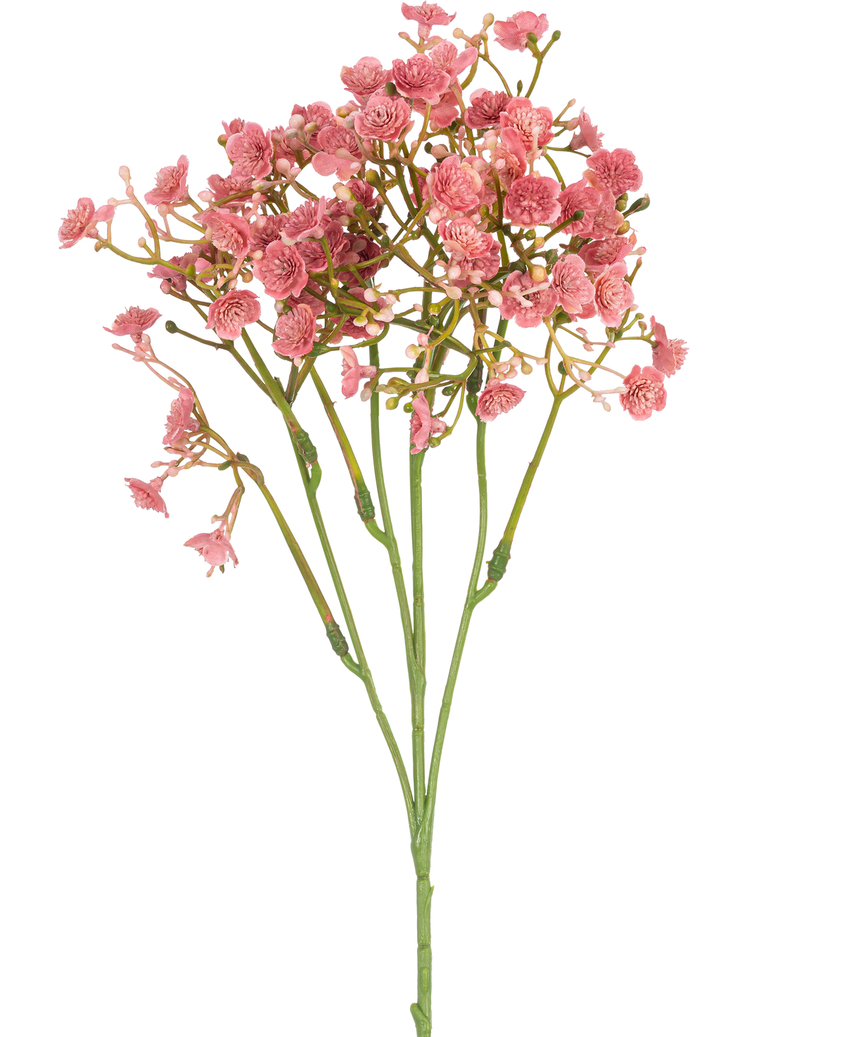 De Kunsttak Gipskruid 48 cm vintage roze heeft een enkele groene steel met meerdere dunne takken, elk versierd met trosjes kleine, ronde roze bloemen, alles tegen een effen witte achtergrond.