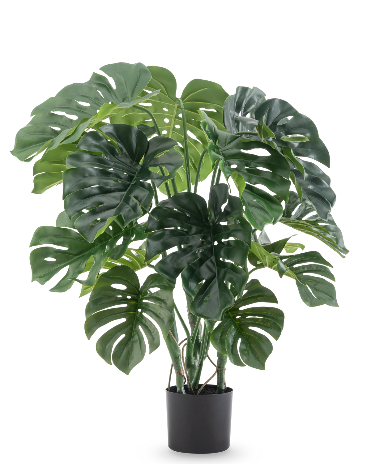 De Kunstplant Monstera 90 cm heeft grote, gespleten groene bladeren en wordt geleverd in een zwarte pot, tegen een effen witte achtergrond.
