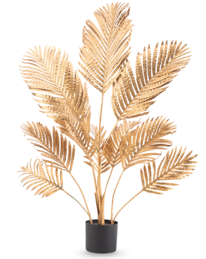 De Kunstpalm Areca goud 120 cm heeft metallic gouden palmbladeren in een zwarte pot, tegen een effen witte achtergrond.