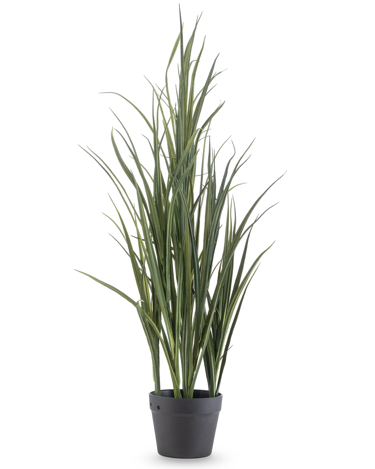 De Kunstgras Groen UV 90cm is een hoge kunstplant met lange, slanke groene bladeren die rechtop staan in een donkergrijze pot op een effen witte achtergrond.