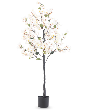 De Kunstplant Bougainvillea 150 cm wit is een hoge kunstboom met witte bloesemlichtjes en groene bladeren, in een zwarte cilindrische pot tegen een effen witte achtergrond.