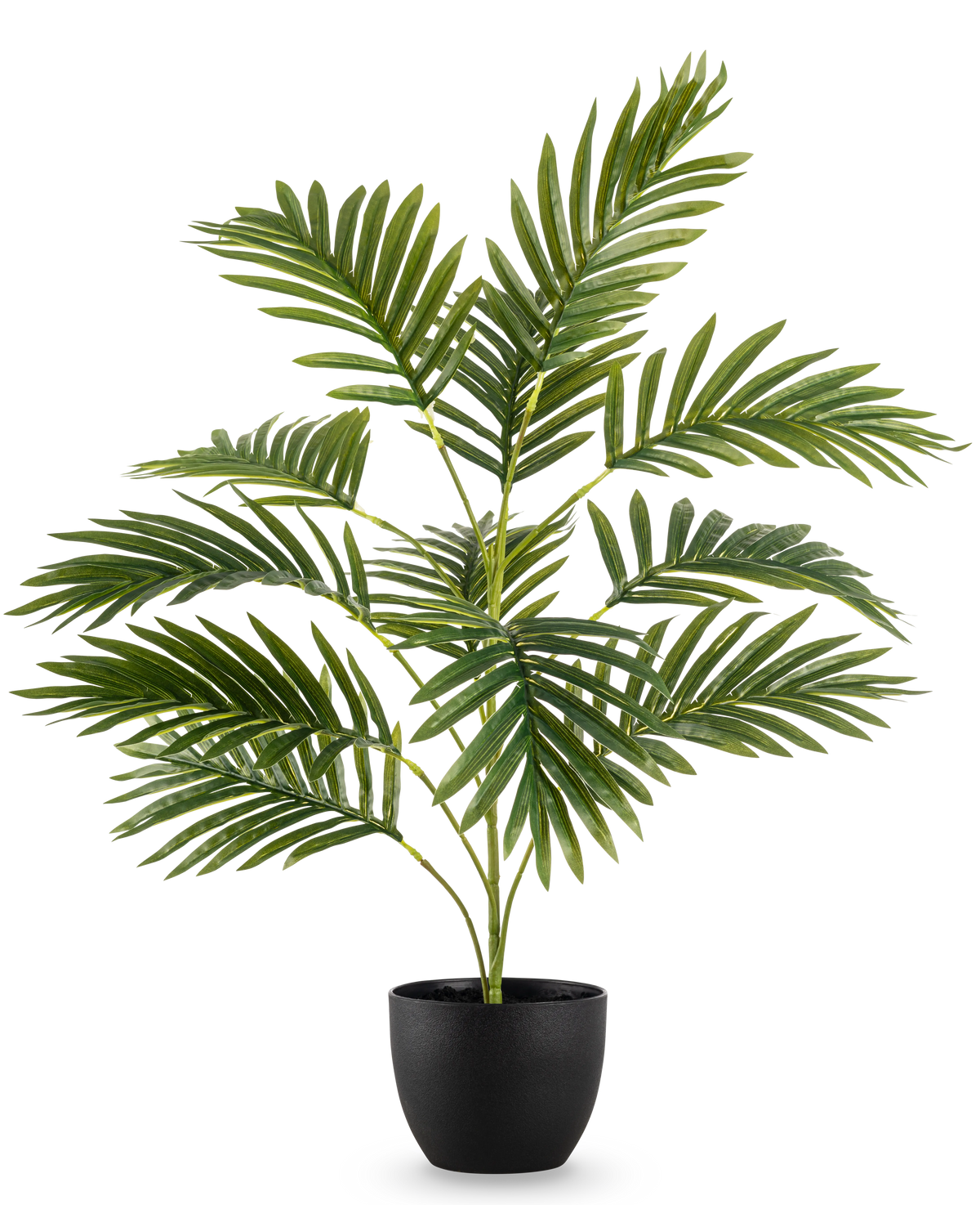 De Kunstpalm Phoenix 65 cm, met weelderige groene bladeren, staat in een strakke zwarte sierpot tegen een effen witte achtergrond.