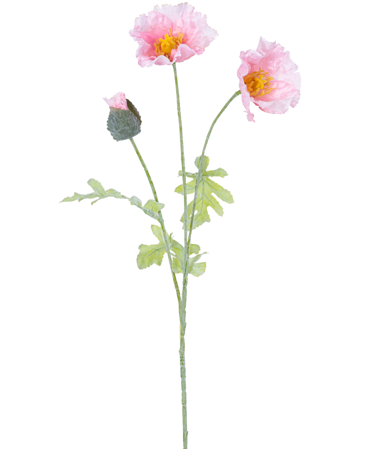 De Kunstbloem Papaver 73 cm lichtroze heeft een enkele steel met twee open lichtroze papaverbloemen, een gesloten knop, ruches in de bloemblaadjes, gele hartjes en groene bladeren op een witte achtergrond.