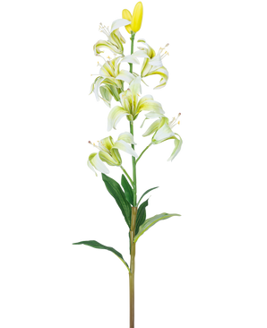 De Kunstbloem Martagon Lelie 78 cm wit heeft een lange steel met meerdere witte leliebloemen en knoppen, een geel hart en groene bladeren, geïsoleerd op een witte achtergrond.