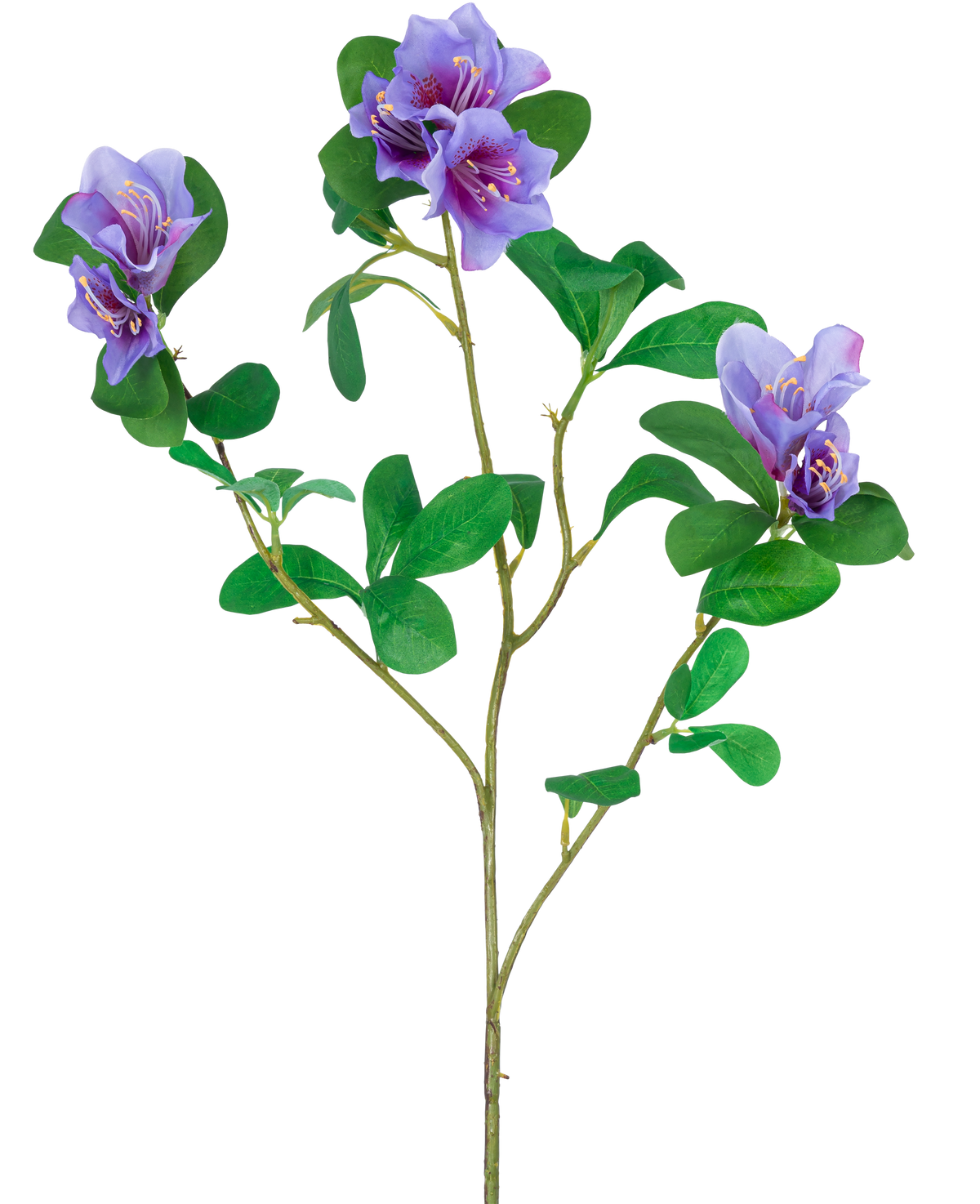 De Kunstbloem Rododendron Azalea 73 cm paars heeft een steel met groene bladeren en drie trossen paarse bloemen met gele en witte details, geïsoleerd op een witte achtergrond.