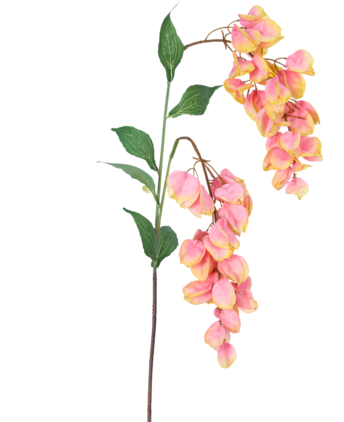 De Kunstbloem Paniculata 95 cm heeft een enkele stengel met groene bladeren en trossen roze en gele blauwe regenachtige bloemen, prachtig geïsoleerd op een witte achtergrond.