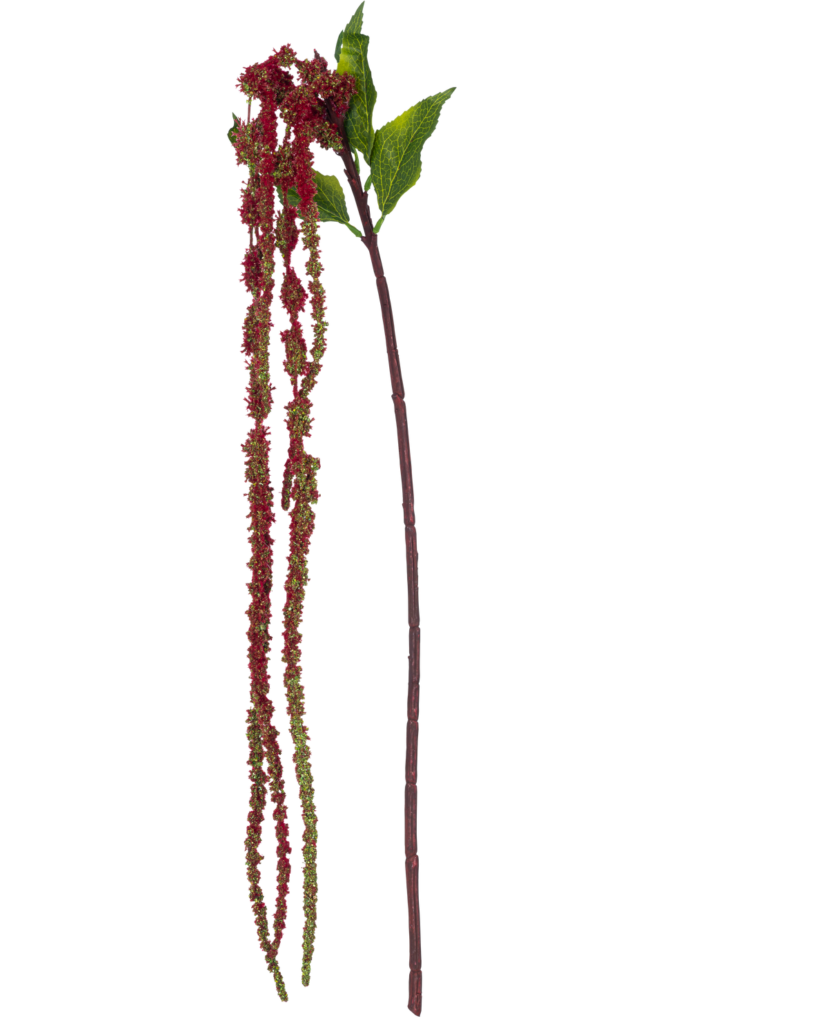 De Kunstbloem Amaranthus 122 cm wijnrood heeft een enkele kunst amarantstengel met groene bladeren en lange trossen kleine, wijnrode bloemen tegen een witte achtergrond.