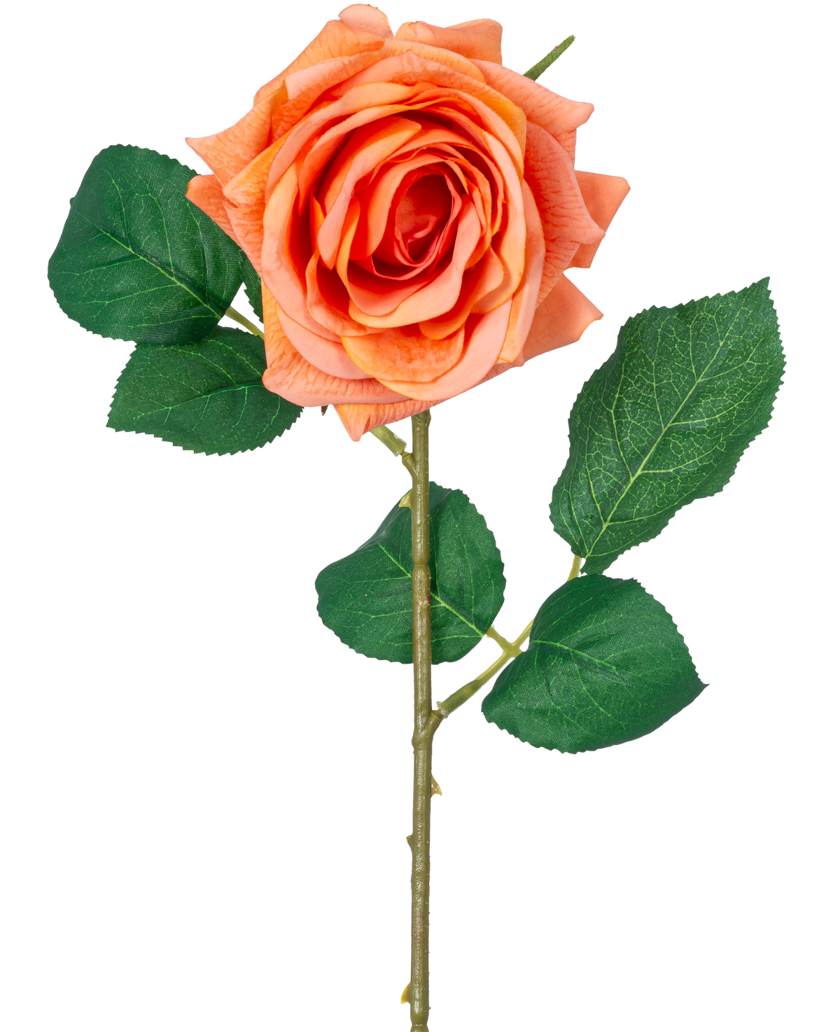 De Kunstbloem Crystal Touch vochtinbrengende roos heeft een Real Touch oranje bloem met groene bladeren en een 43 cm lange steel, tegen een effen witte achtergrond.