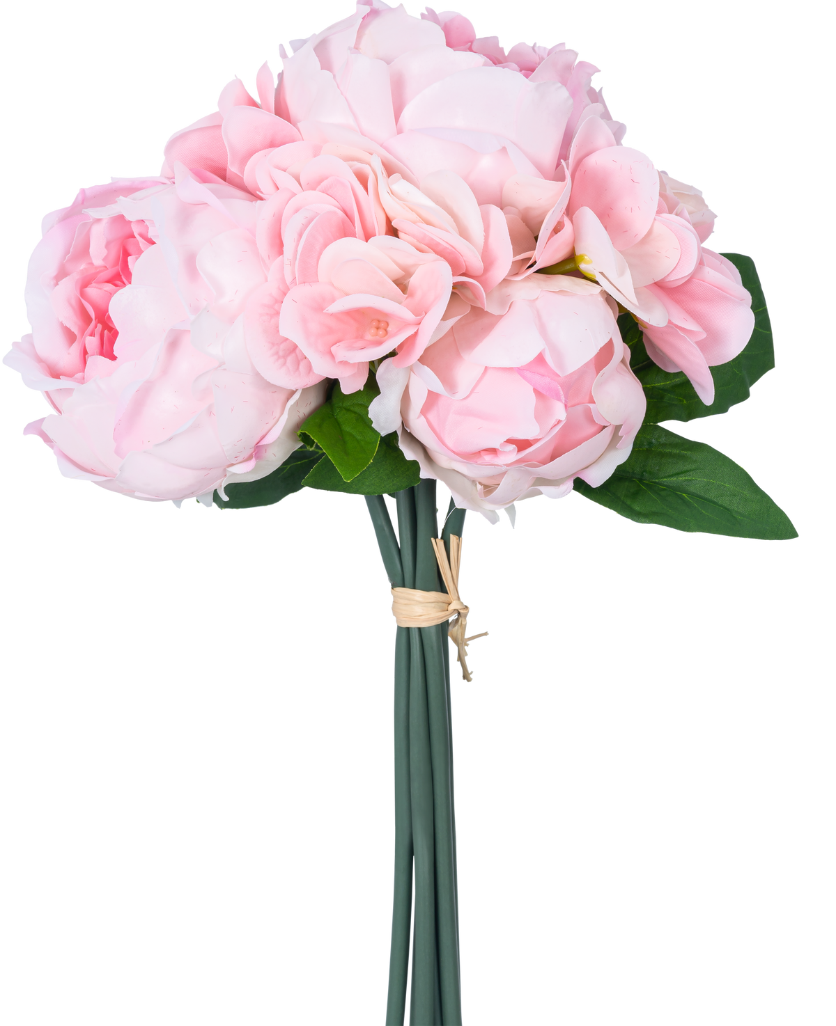 Het Kunstboeket mix bloemen Real Touch Roze 30 cm heeft lichtroze kunst-pioenrozen en hortensia met groene bladeren, samengebonden met bruin touw, tegen een egale witte achtergrond.