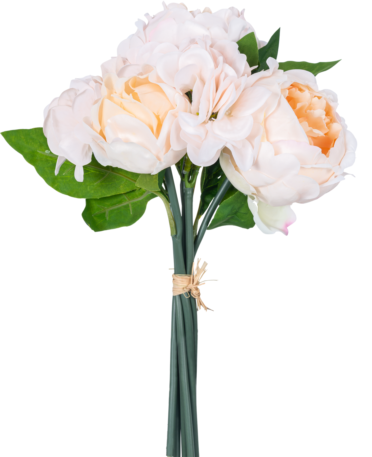 Een Kunstboeket mix bloemen Real Touch Champagne 30 cm heeft levensechte roze en perzikkleurige kunstbloemen met groene bladeren en lotusknoppen, gebonden met touw tegen een witte achtergrond.