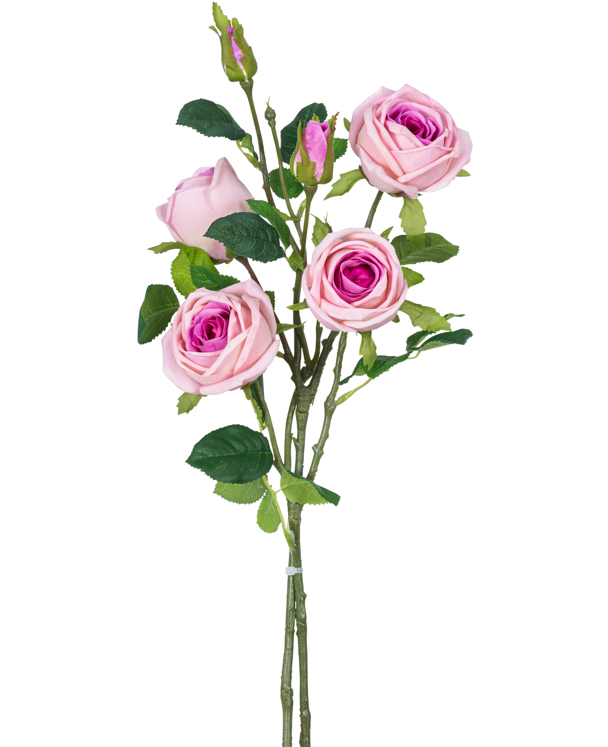 De Kunstrozentak dubbel Real Touch roze 80cm heeft meerdere kunstroze rozen en rozenknoppen met groene bladeren op één steel, tegen een effen witte achtergrond.