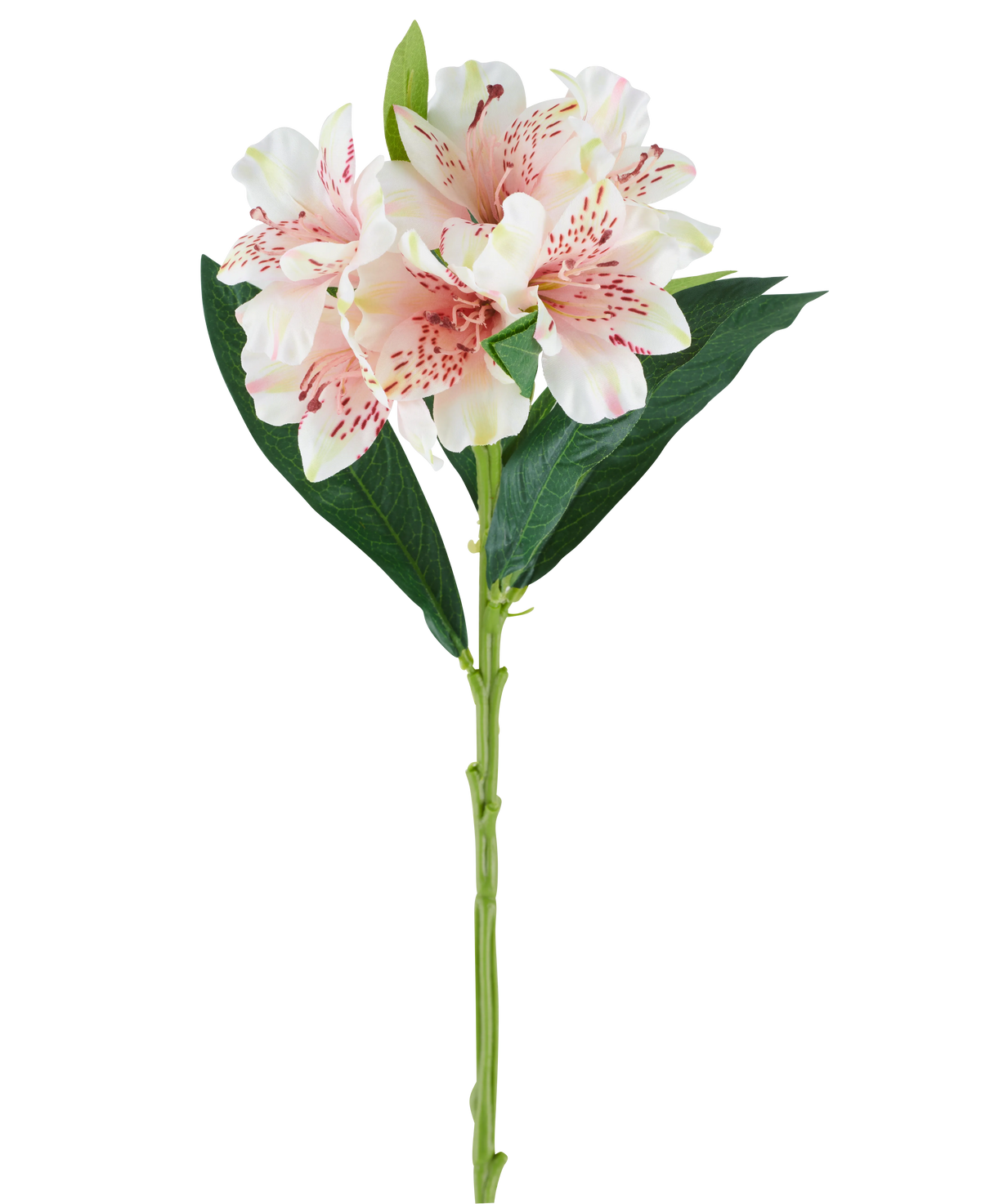 Een enkele stengel van de Kunstbloem Alstroemeria 74 cm lichtroze met groene bladeren en drie lichtroze bloemen met donkerroze spikkels, tegen een witte achtergrond.