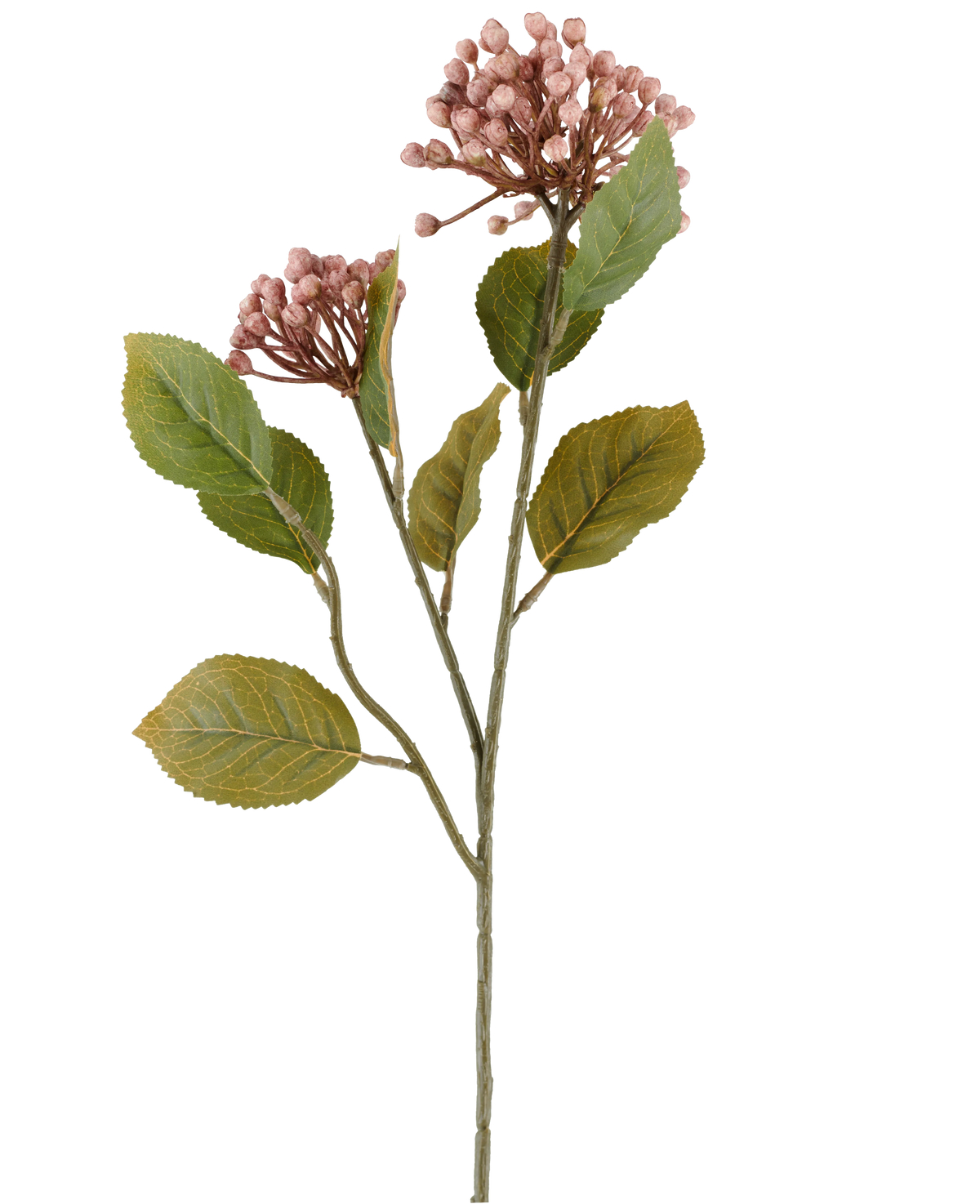 Kunstbloem Hortensia 55 cm mauve, met trossen kleine, mauve knoppen en groene bladeren aan lange, slanke bruingroene stelen, afgebeeld op een witte achtergrond.
