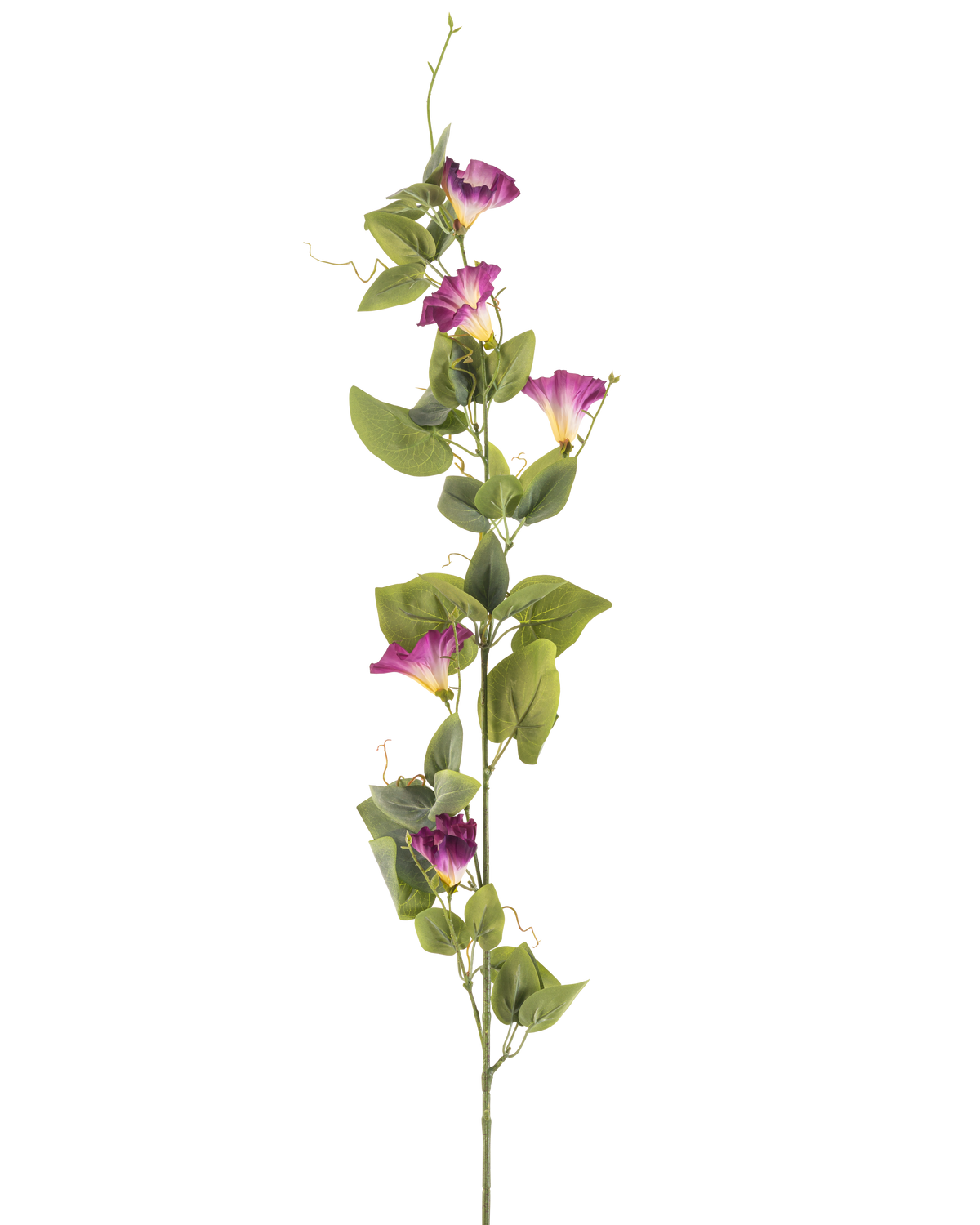 De Kunstbloem Winde 122 cm mauve heeft een enkele hoge groene steel met meerdere mauve en witte morning glory bloemen en groene bladeren over de lengte, tegen een witte achtergrond.