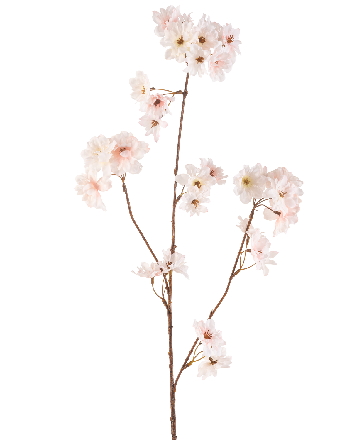 De Kunstbloem Kersenbloesem 85 cm blush heeft een enkele bruine steel met meerdere takken, elk versierd met delicate bloesemroze kersenbloesem bloemen, tegen een effen witte achtergrond.