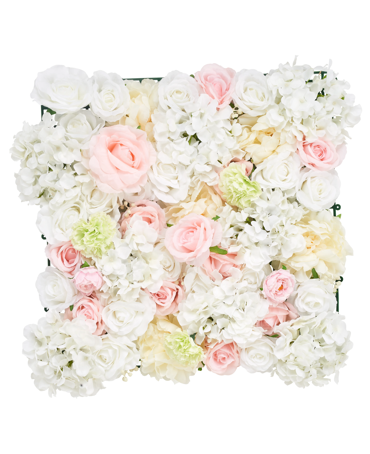 De Kunsthaag Bloemen 50x50 cm wit heeft een vierkant paneel vol met kunstmatige witte rozen, pioenrozen en hortensia's tegen een witte achtergrond.