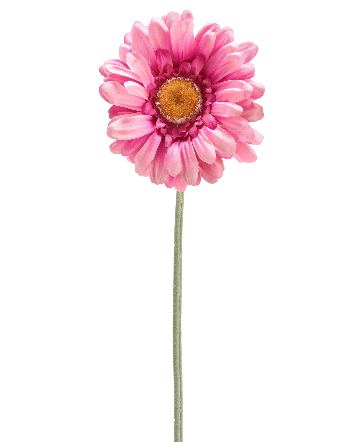 De Kunstbloem Gerbera 53 cm donker roze is een enkele donkerroze kunstmargriet met een geel hart op een lange groene steel, geïsoleerd op een witte achtergrond.