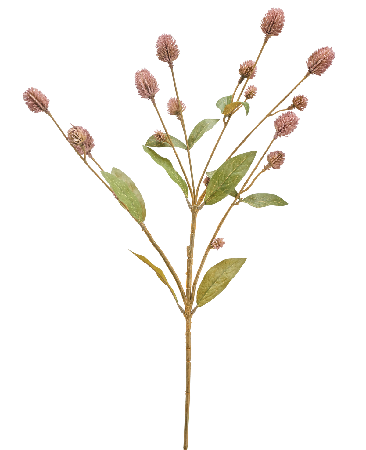 De Kunstbloem Globosa 69 cm mauve is een enkele kunststengel met meerdere takken, langwerpige groene bladeren en trosjes kleine mauve bloemknoppen, tegen een witte achtergrond.