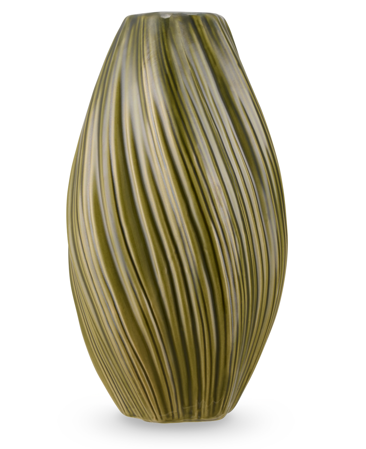 De Vaas Soft Dune 26 cm groen is een hoge, olijfgroene vaas van keramiek met een langwerpige vorm met verticale golvende richels, waardoor een natuurlijke textuur ontstaat. Afgebeeld op een witte achtergrond.
