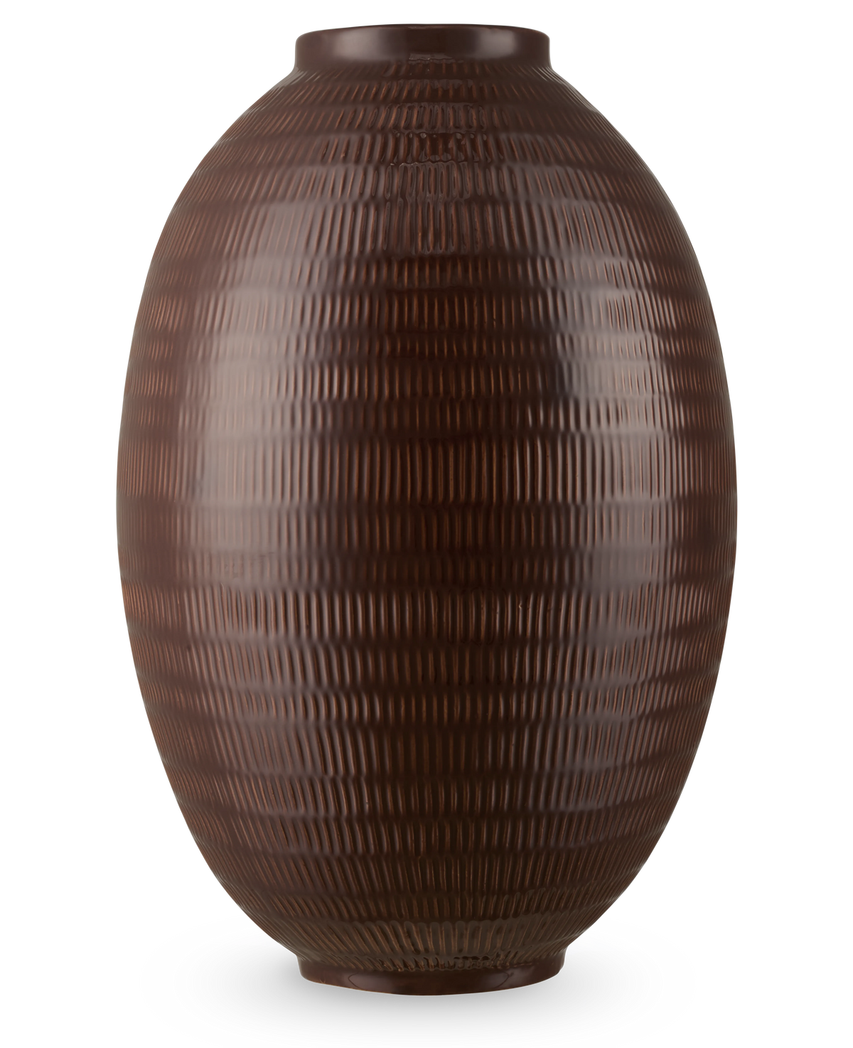 De Vaas Earth Nest 36 cm bruin is een grote, donkerbruine, ovale vaas met een gestructureerd patroon van verticale en horizontale lijnen tegen een effen witte achtergrond.