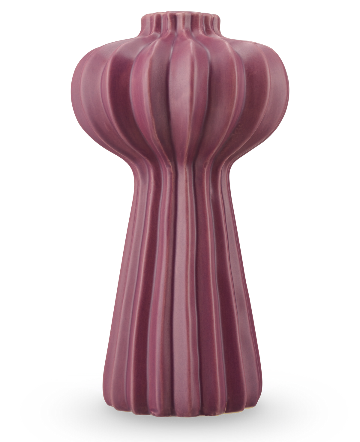 De Vaas Morning Dawdrop 25 cm paars is een hoge, sculpturale vaas met een matte, dieppaarse afwerking, verticale richels en een bolvormige bovenkant die taps toeloopt naar een slanke basis, tegen een effen witte achtergrond.