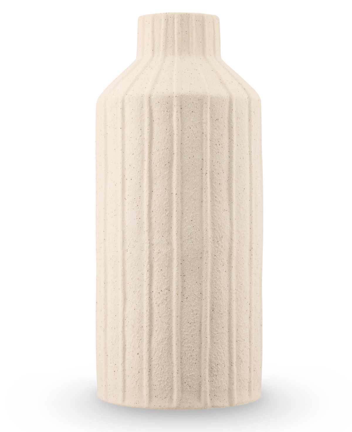 De Vaas Forest Curve 30 cm beige is een hoge, cilindervormige vaas van keramiek met een mat, gestructureerd oppervlak met verticale ribbelpatronen en een smalle hals.