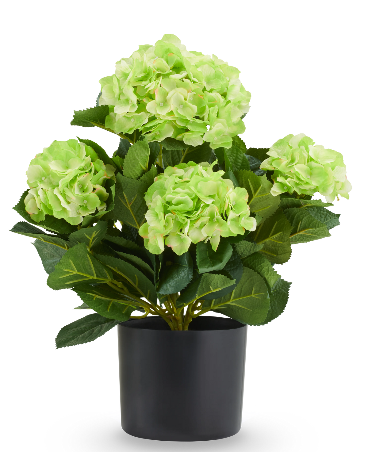 Kunstplant Hortensia UV 50 cm, geel met geelgroene bloemen in een zwarte pot, een onderhoudsvriendelijke kunstplant.