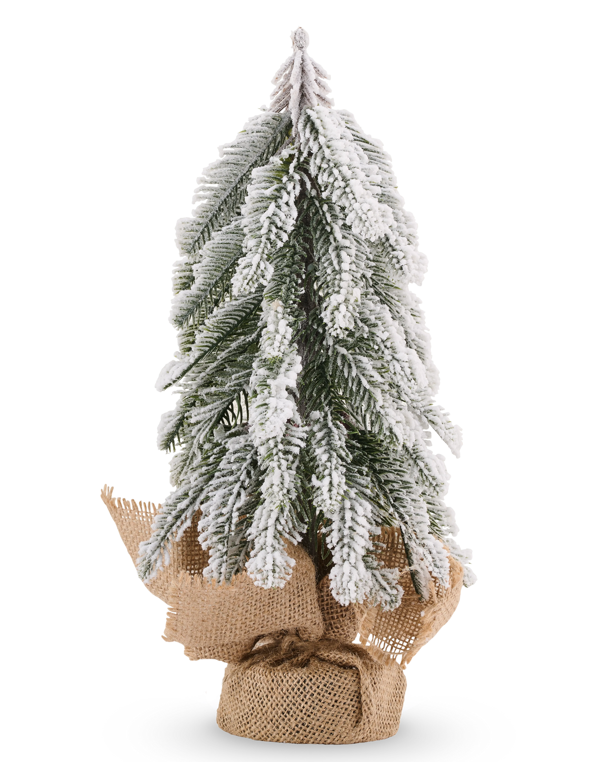 Mini-kunstkerstboom Mustad 29 cm, een klein boompje bedekt met kunstsneeuw en aan de voet omwikkeld met jute.