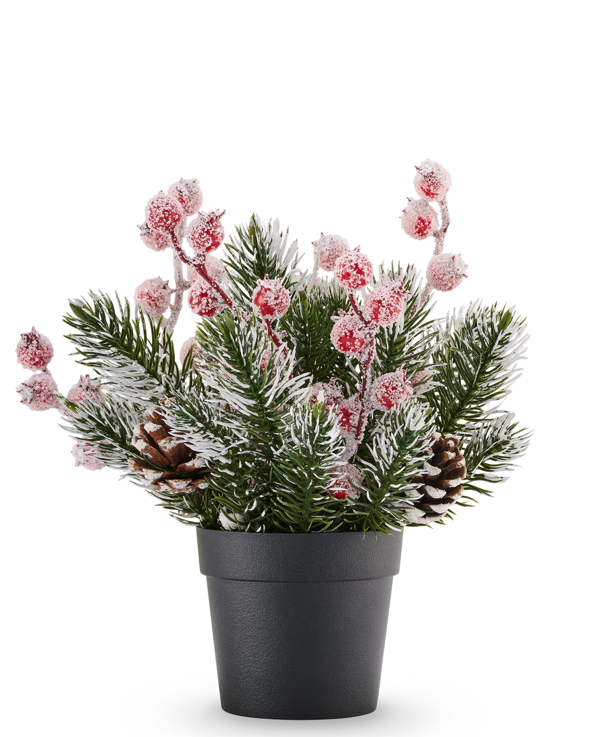 Kunstkerstplant met dennenappels in pot Frost 14 cm, versierd met rood glinsterende bessen, perfect als feestelijk cadeau.