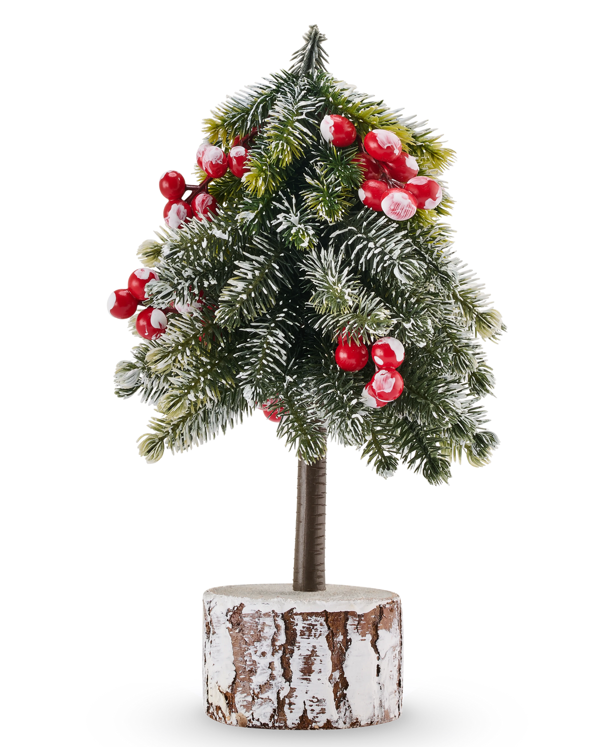 Mini-kunstkerstboom Fjella van 24 cm met besneeuwde naalden en rode bessen, gemonteerd op een cilindervormige houten voet.