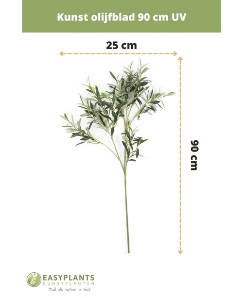 Brandvertragend kunst olijfblad 90 cm met groene bladeren, ideaal als mediterrane decoratie. UV-bestendig en 25 cm breed. Tekst: Kunst olijfblad 90 cm brandvertragend. EASYPLANTS-logo onderaan.