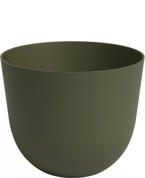 De Plantenbak Havanna Ø30cm x H25cm is een effen, mat olijfgroene bloempot met een gladde, ronde vorm zonder zichtbare decoraties of patronen.