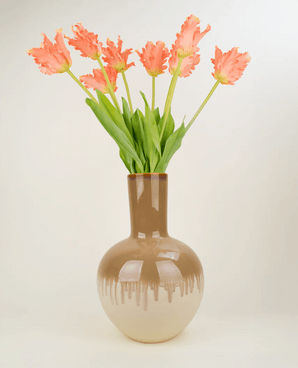 Zijden kunstbloemen boeket Franse Parkiet Tulp koraal