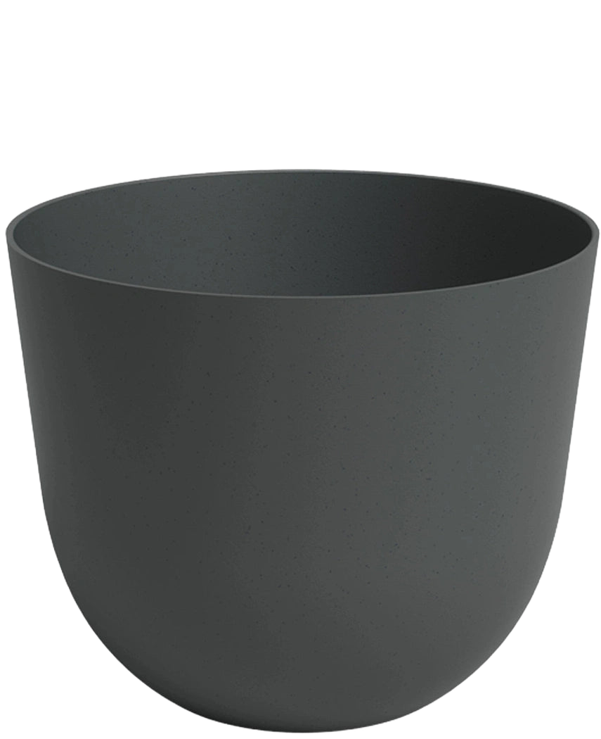 De Plantenbak Havanna Ø30cm x H25cm is een effen, ronde plantenbak in donkergrijs met gladde zijkanten en een matte afwerking, afgebeeld tegen een witte achtergrond.
