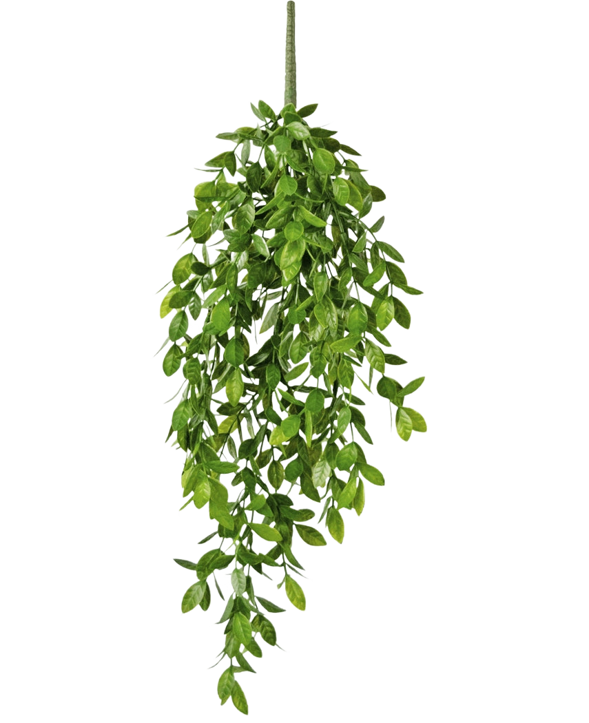 De Kunst hangplant Gardenia 61 cm is een kunst hangplant met weelderige, groene bladeren en een enkele zichtbare stengel, tegen een effen witte achtergrond.