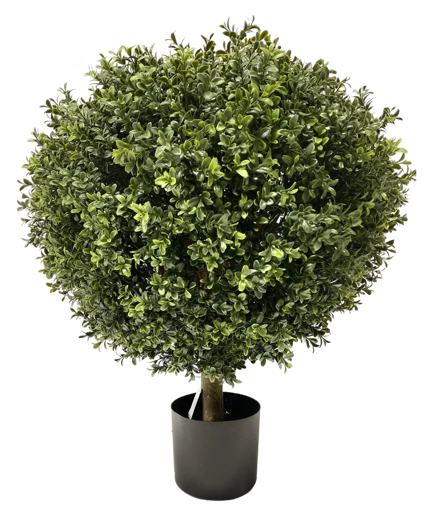 De Kunst Buxus op stam UV d60 cm is een dichte, ronde kunst vormsnoei met kleine groene blaadjes en een zichtbare enkele stam, netjes getrimd tot een bol en geplaatst in een eenvoudige zwarte pot.