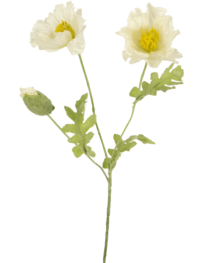 De Kunstbloem Klaproos 73 cm wit is een kunstbloemensteel met twee open witte klaprozenbloemen, een gesloten knop, gestructureerde bloemblaadjes en groene bladeren tegen een effen witte achtergrond.