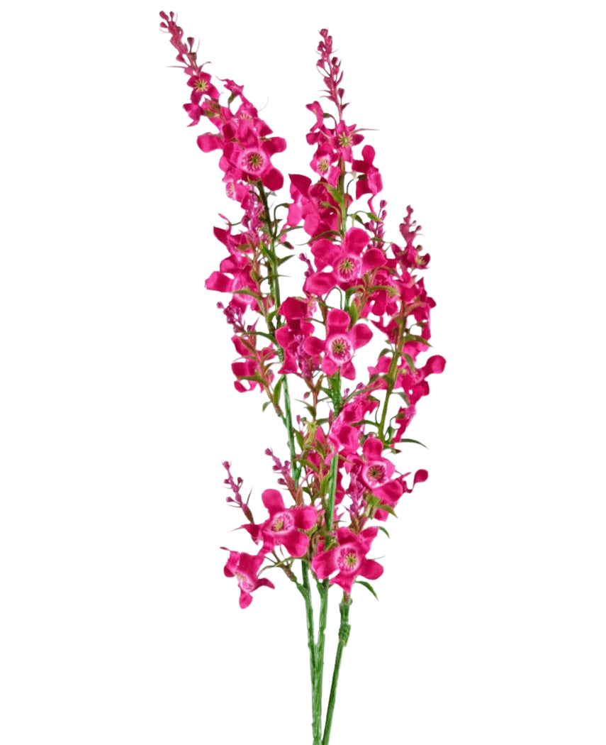 De Kunstbloem Kattenkruid 75 cm roze heeft een stengel van levendige roze kunstbloesems met groene bladeren, geïsoleerd op een witte achtergrond.