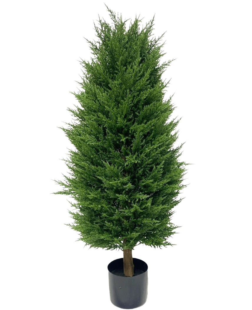 De Kunstplant Conifeer deluxe UV 100 cm is een kleine kunstplant in pot met dicht, heldergroen blad en een conische vorm, perfect voor een onderhoudsvrije tuin, afgebeeld tegen een effen witte achtergrond.
