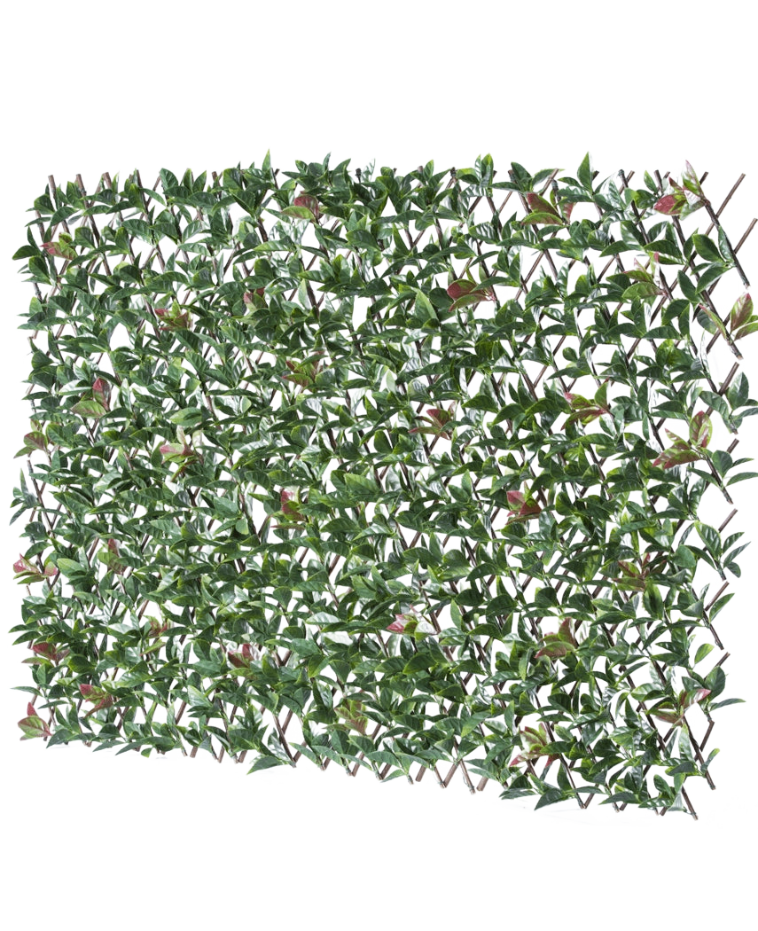 De Kunsthaag Photonia Uitschuifbaar 200x100 cm is een rechthoekig uitschuifbaar hekwerk met kunstgroene bladeren en roze bloemen, afgebeeld tegen een witte achtergrond.