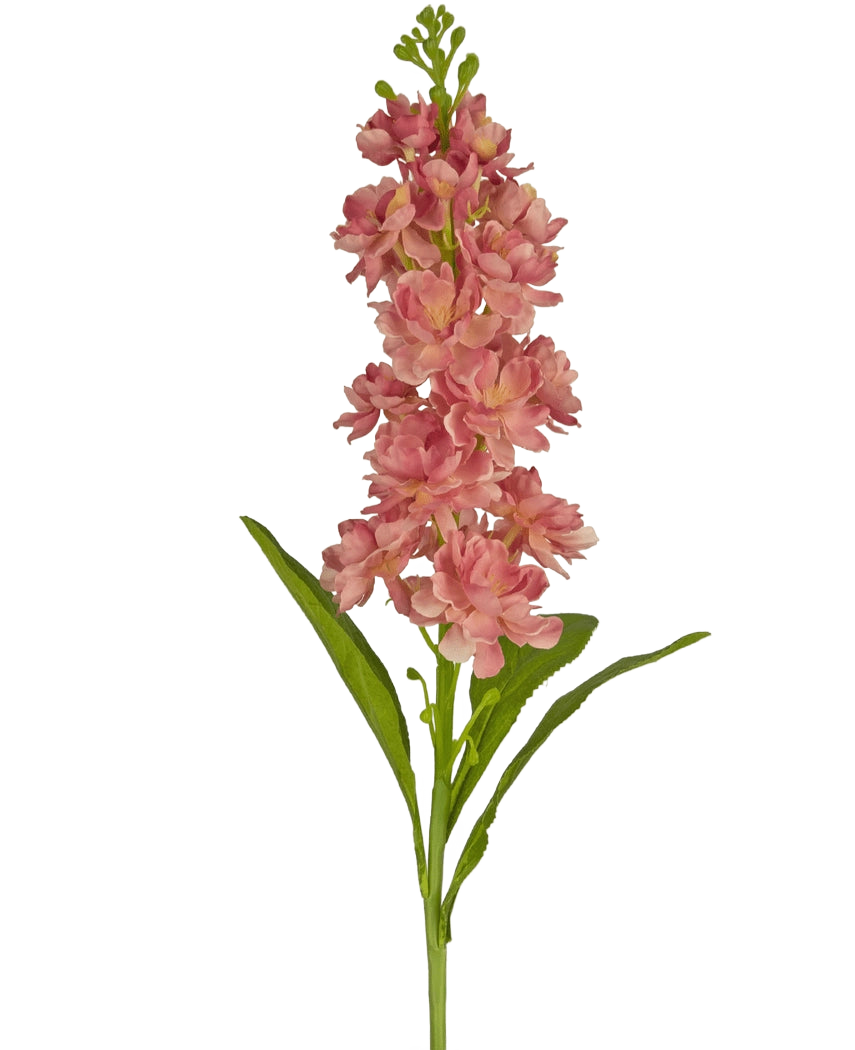 De Kunstbloem Violier 78 cm roze is een kunstroze stockbloem met meerdere bloesems en groene bladeren, gepresenteerd tegen een witte achtergrond.