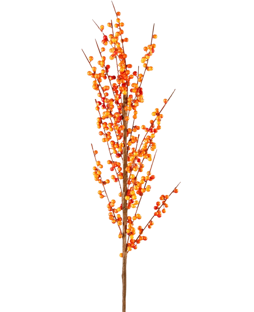 De Kunsttak Ilex 100 cm oranje heeft een enkele hoge tak met veel kleine oranje bessen aan slanke bruine stelen, tegen een effen witte achtergrond.