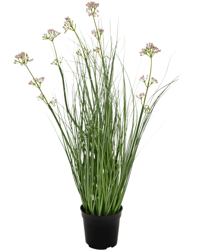 De Kunstgras Preibloem Uiengras Bonsai 61cm brandvertragend heeft lange, slanke groene bladeren en lange stelen met kleine trosjes lichtpaarse bloemen, gepresenteerd in een pot tegen een effen witte achtergrond.