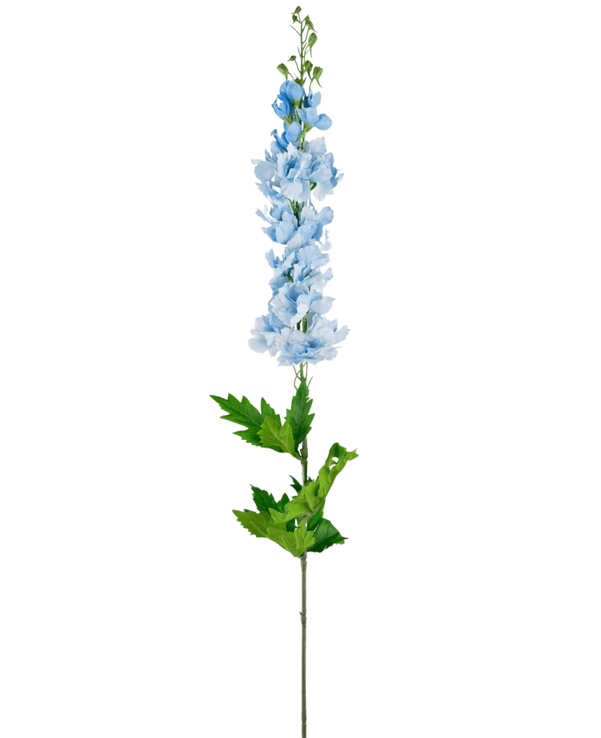 De Kunstdelphinium Real Touch Blauw 90cm heeft een enkele hoge steel met meerdere lichtblauwe bloesems en gekartelde groene bladeren, tegen een effen witte achtergrond.
