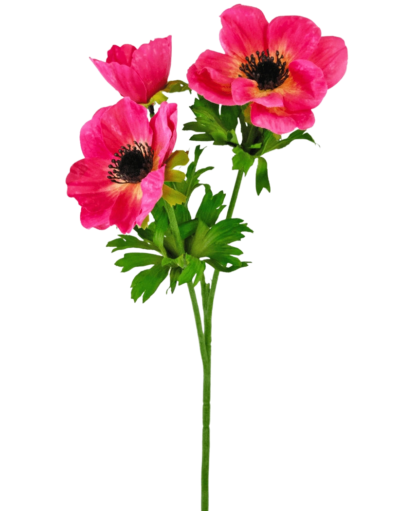 De Kunstbloem Anemoon vertakt 56 cm roze heeft een enkele groene steel met drie helderroze anemoonbloemen met een donker hart en delicate, geruwde bloemblaadjes, plus groene bladeren, tegen een effen witte achtergrond.